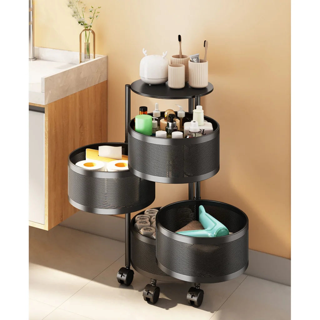 Steel Round Rotating Kitchen Cart 4 Tier Multi-Functional Shelves Portable Storage Organizer with Wheels