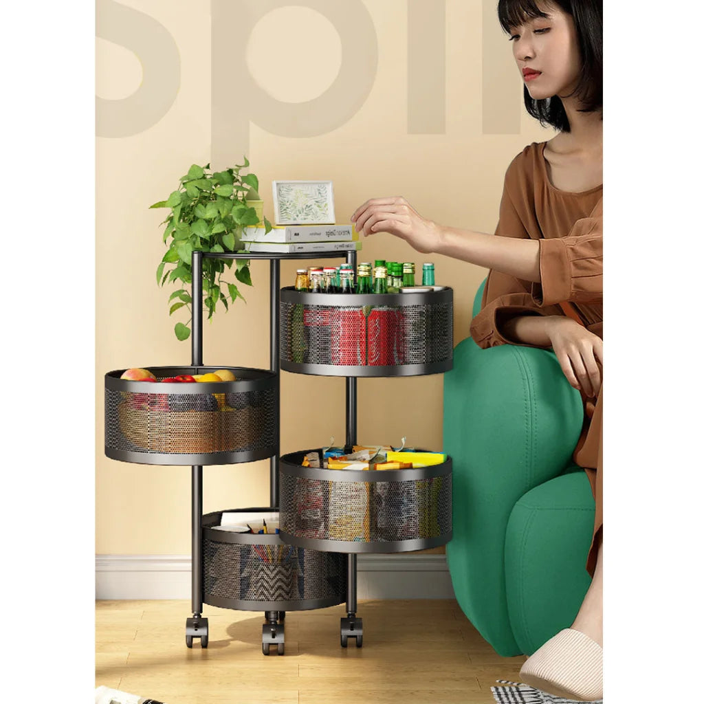 Steel Round Rotating Kitchen Cart 4 Tier Multi-Functional Shelves Portable Storage Organizer with Wheels