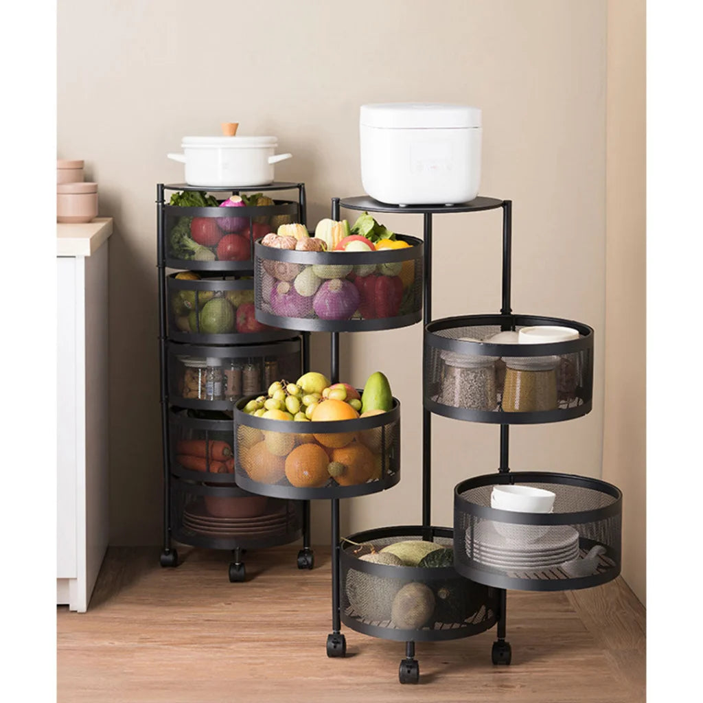 Steel Round Rotating Kitchen Cart 5 Tier Multi-Functional Shelves Portable Storage Organizer with Wheels