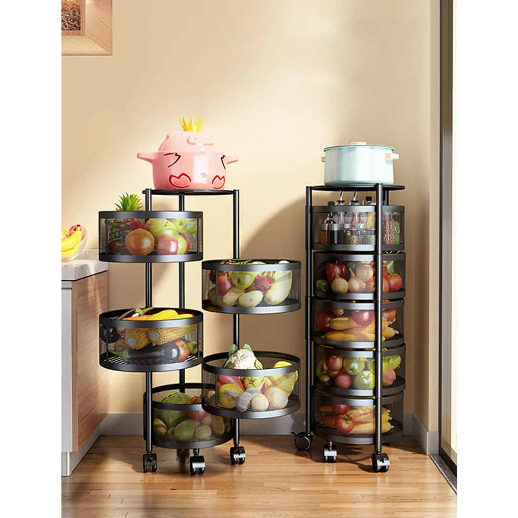 Steel Round Rotating Kitchen Cart 5 Tier Multi-Functional Shelves Portable Storage Organizer with Wheels