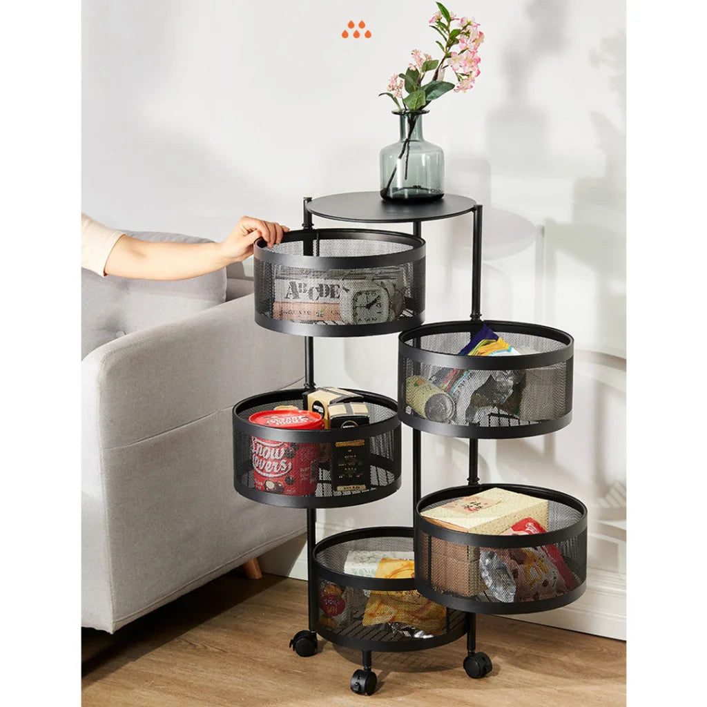 Steel Round Rotating Kitchen Cart 5 Tier Multi-Functional Shelves Portable Storage Organizer with Wheels