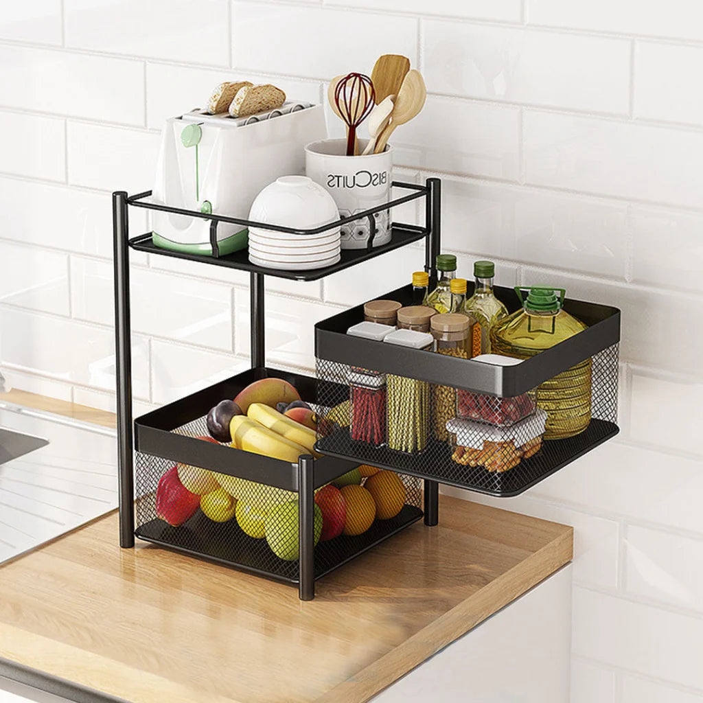 Steel Square Rotating Kitchen Cart 2 Tier Multi-Functional Shelves Portable Storage Organizer with Wheels
