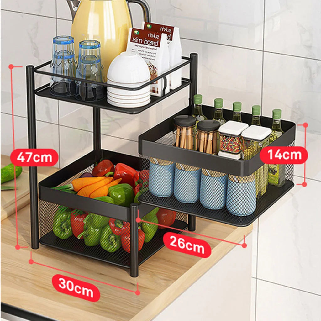 Steel Square Rotating Kitchen Cart 2 Tier Multi-Functional Shelves Portable Storage Organizer with Wheels