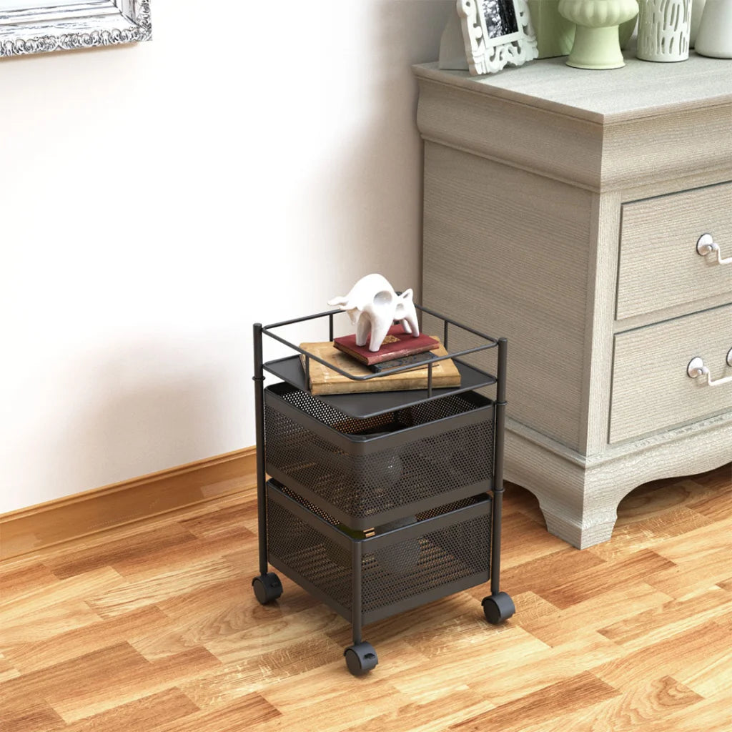 Steel Square Rotating Kitchen Cart 2 Tier Multi-Functional Shelves Portable Storage Organizer with Wheels