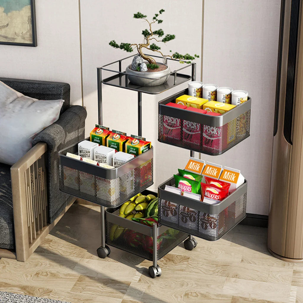 Steel Square Rotating Kitchen Cart 2X 4 Tier Multi-Functional Shelves Portable Storage Organizer with Wheels
