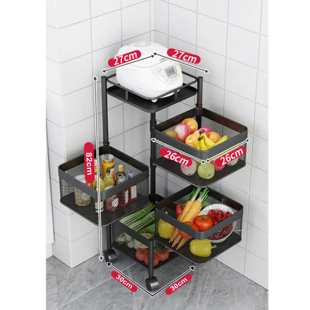 Steel Square Rotating Kitchen Cart 2X 4 Tier Multi-Functional Shelves Portable Storage Organizer with Wheels