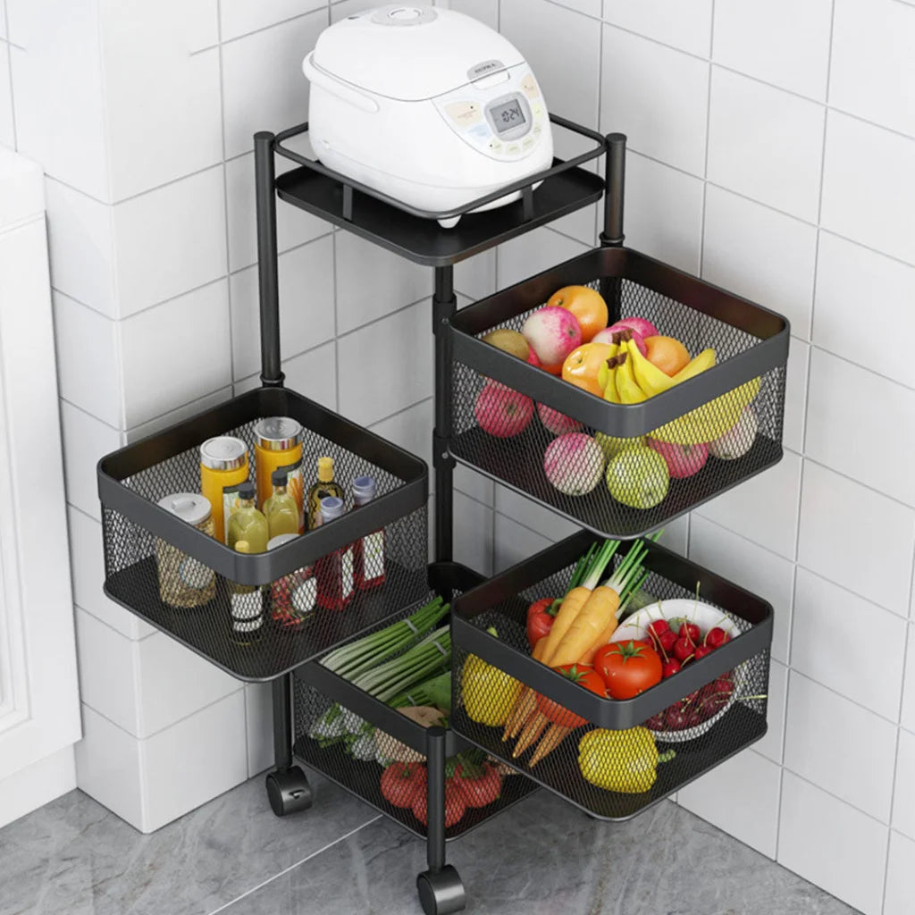 Steel Square Rotating Kitchen Cart 2X 4 Tier Multi-Functional Shelves Portable Storage Organizer with Wheels