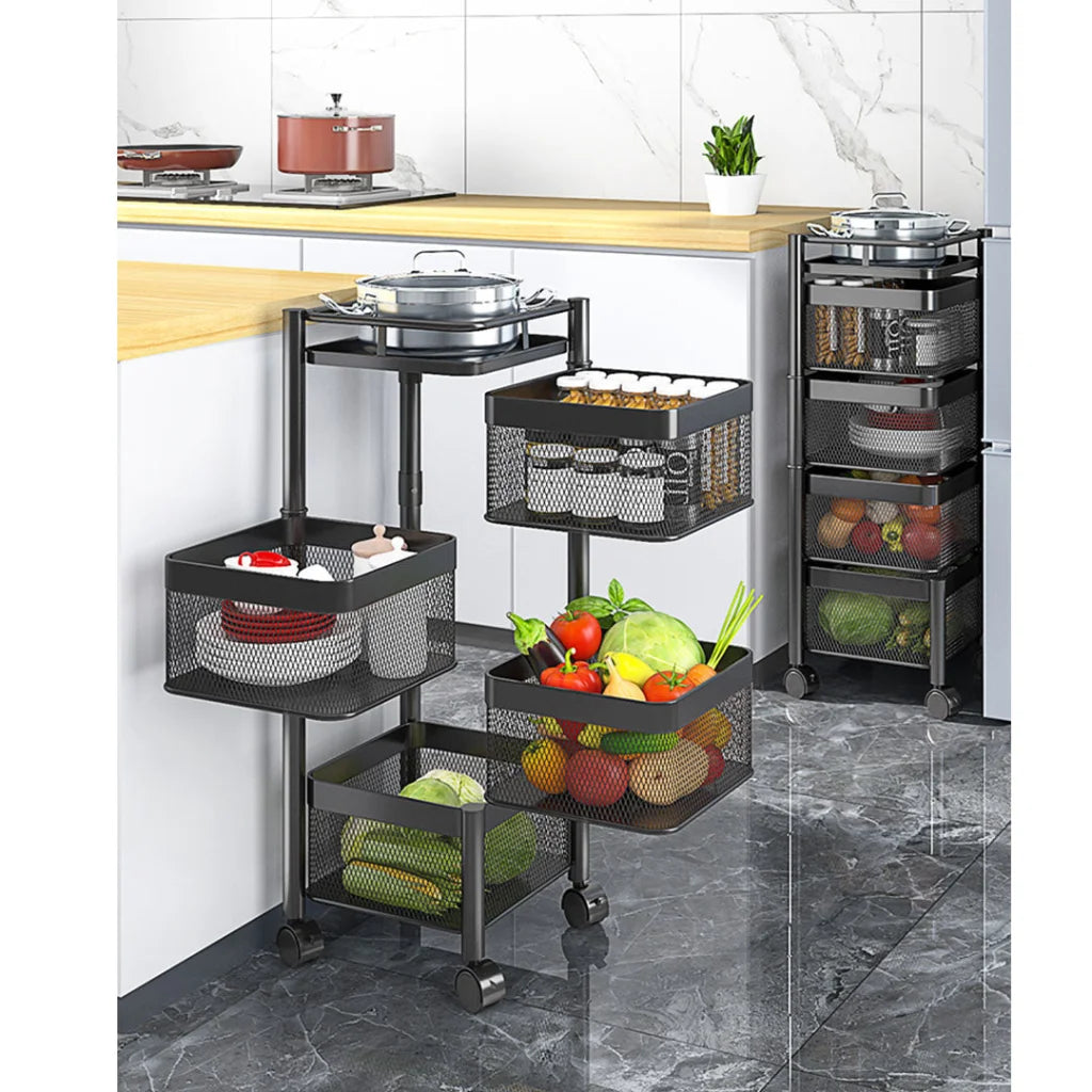 Steel Square Rotating Kitchen Cart 2X 4 Tier Multi-Functional Shelves Portable Storage Organizer with Wheels