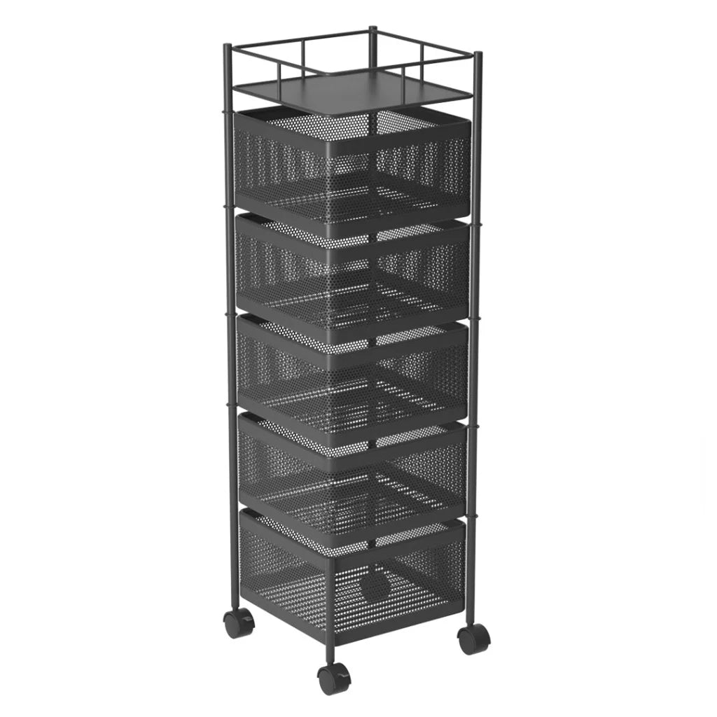 Steel Square Rotating Kitchen Cart 5 Tier Multi-Functional Shelves Portable Storage Organizer with Wheels