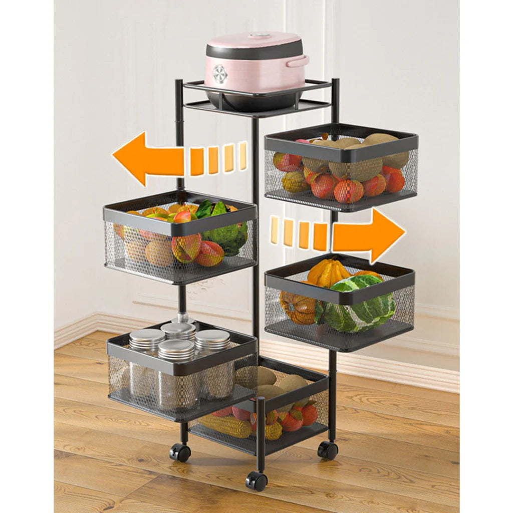 Steel Square Rotating Kitchen Cart 5 Tier Multi-Functional Shelves Portable Storage Organizer with Wheels