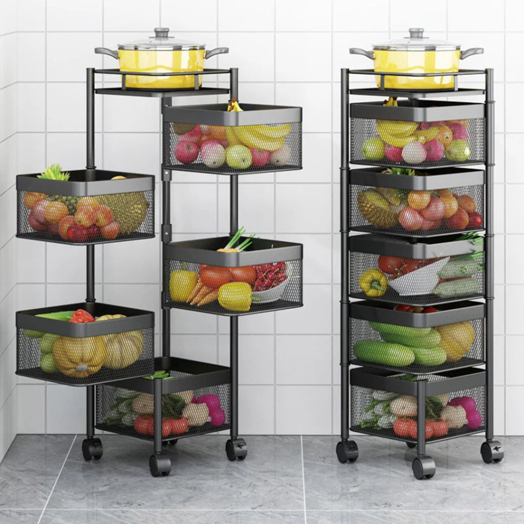 Steel Square Rotating Kitchen Cart 5 Tier Multi-Functional Shelves Portable Storage Organizer with Wheels