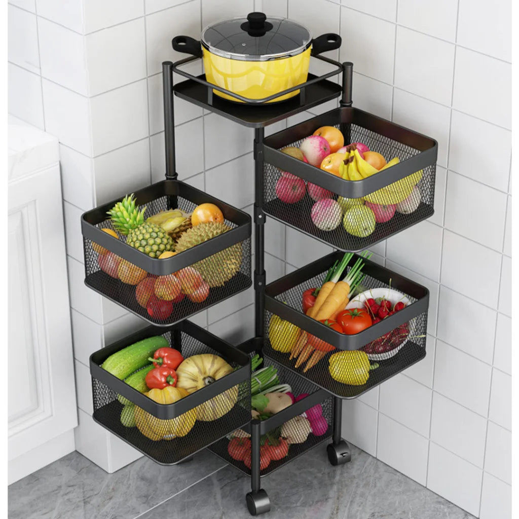 Steel Square Rotating Kitchen Cart 5 Tier Multi-Functional Shelves Portable Storage Organizer with Wheels