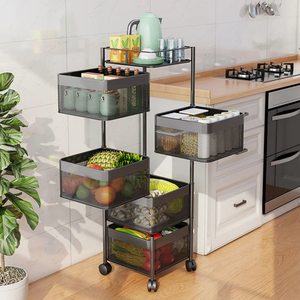 Steel Square Rotating Kitchen Cart 5 Tier Multi-Functional Shelves Portable Storage Organizer with Wheels