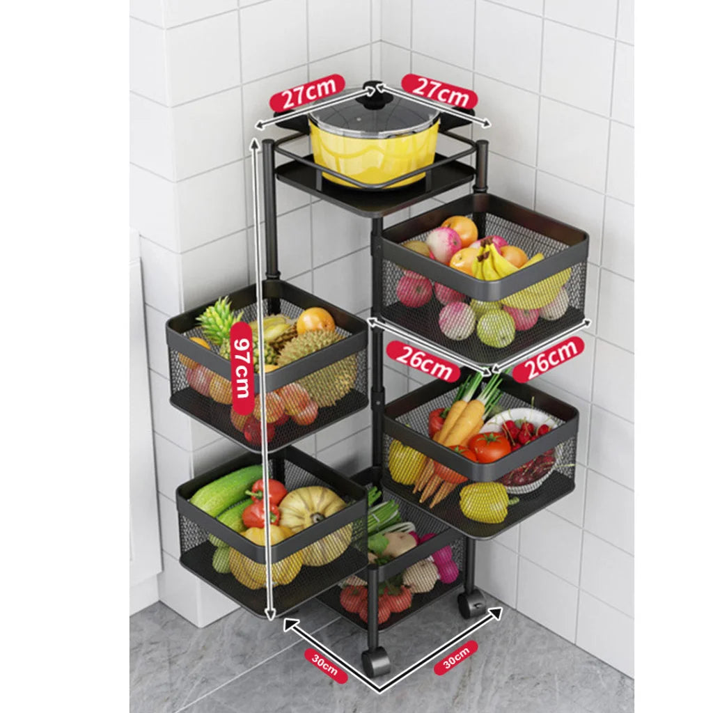 Steel Square Rotating Kitchen Cart 5 Tier Multi-Functional Shelves Portable Storage Organizer with Wheels