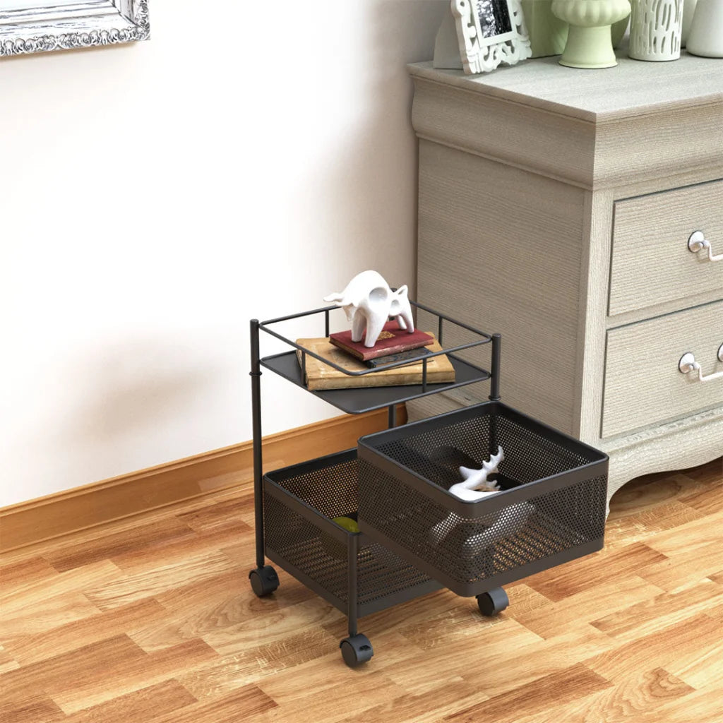 Steel Square Rotating Kitchen Cart Set of 2 with Multi-Functional Shelves and Wheels