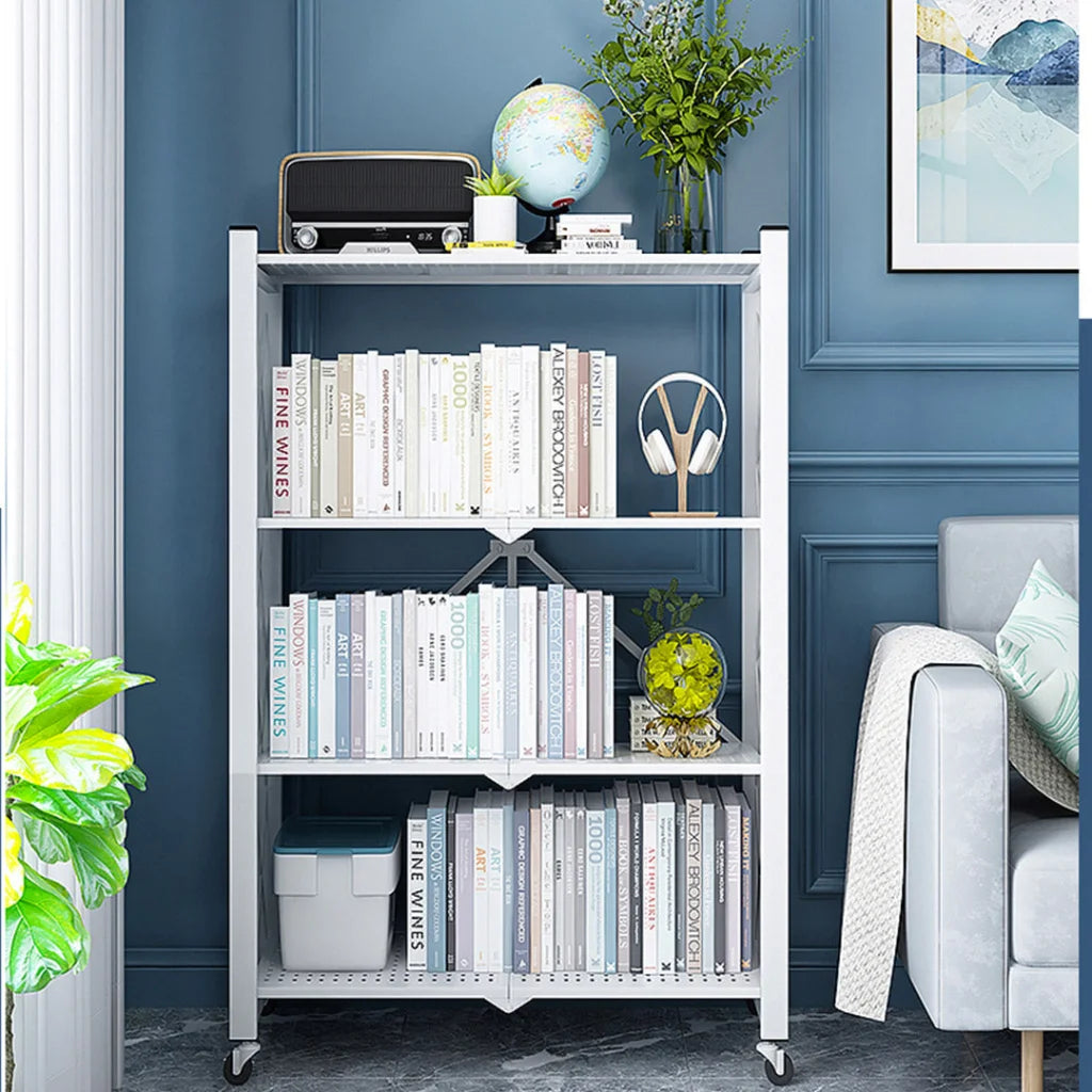 Steel White Foldable Display Stand 2X 4 Tier Multi-Functional Shelves Portable Storage Organizer with Wheels