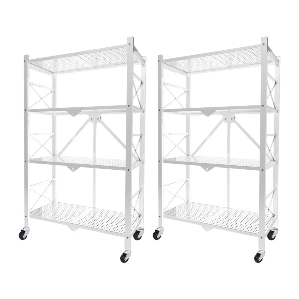 Steel White Foldable Display Stand 2X 4 Tier Multi-Functional Shelves Portable Storage Organizer with Wheels