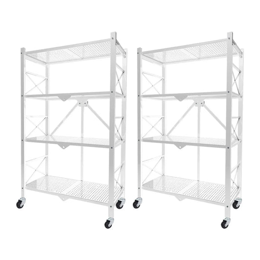 Steel White Foldable Display Stand 2X 4 Tier Multi-Functional Shelves Portable Storage Organizer with Wheels