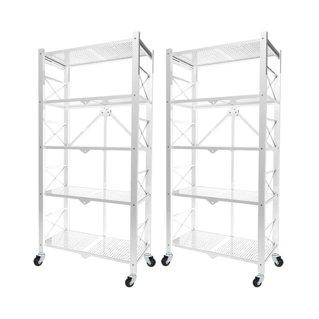 Steel White Foldable Display Stand 2X 5 Tier Multi-Functional Shelves Portable Storage Organizer with Wheels