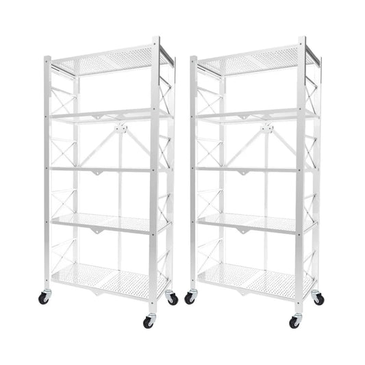 Steel White Foldable Display Stand 2X 5 Tier Multi-Functional Shelves Portable Storage Organizer with Wheels
