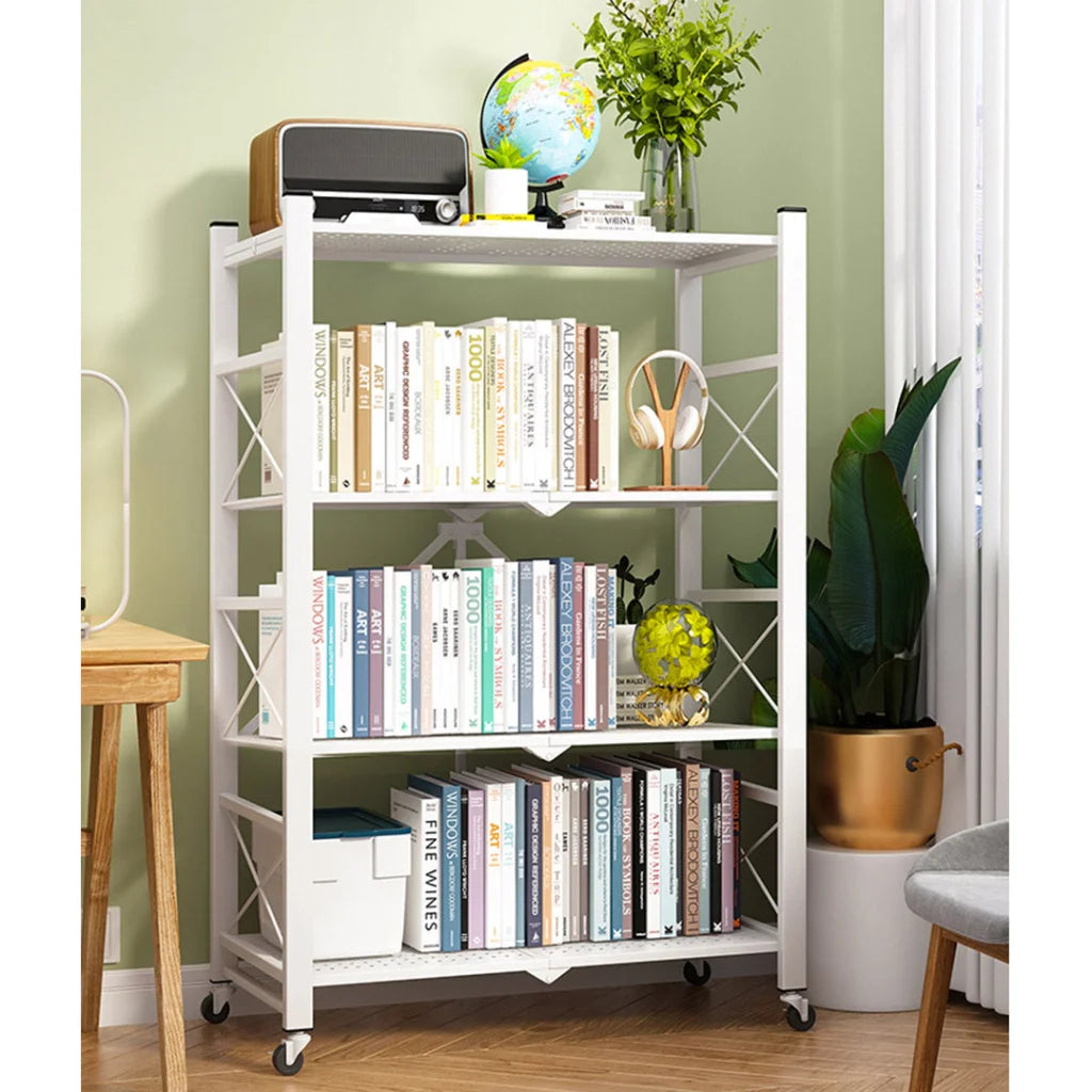 Steel White Foldable Display Stand 4 Tier Multi-Functional Shelves Portable Storage Organizer with Wheels