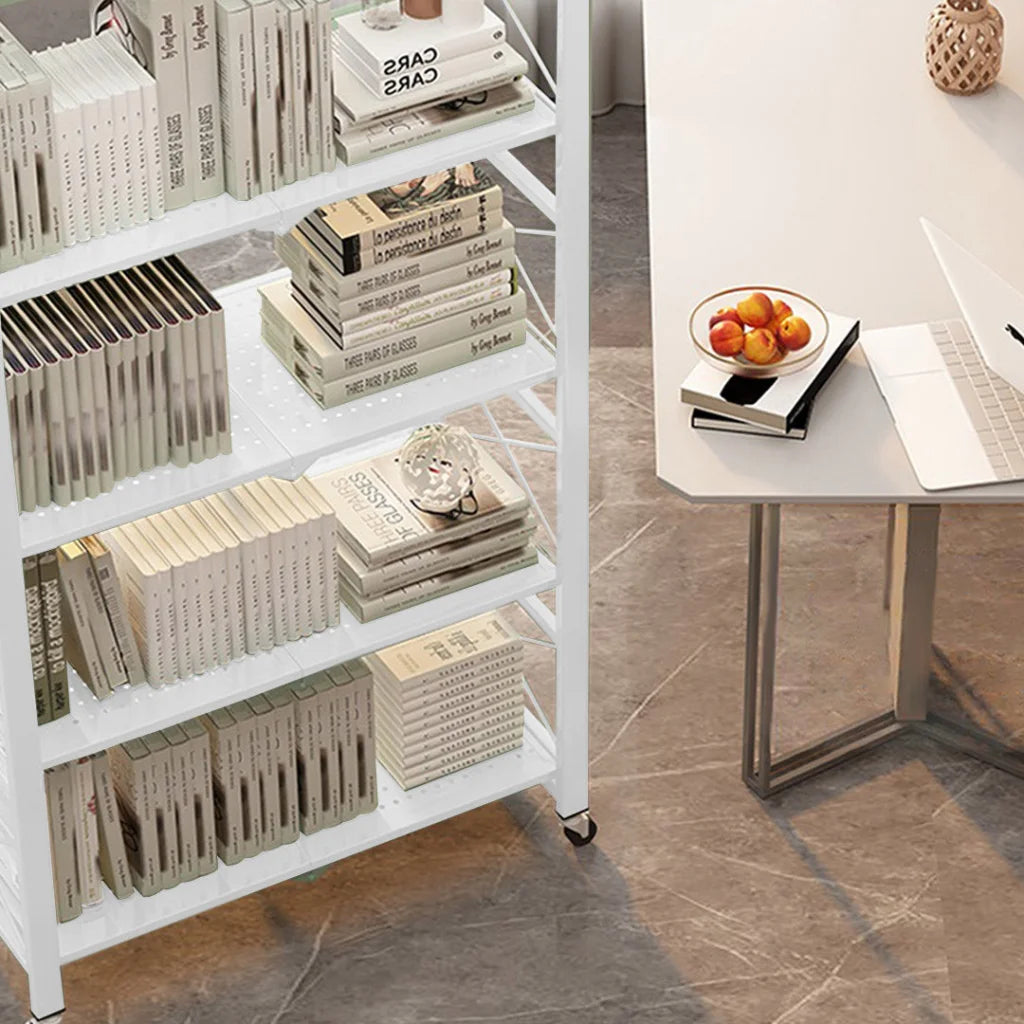 Steel White Foldable Display Stand 4 Tier Multi-Functional Shelves Portable Storage Organizer with Wheels