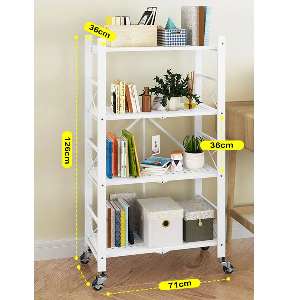 Steel White Foldable Display Stand 4 Tier Multi-Functional Shelves Portable Storage Organizer with Wheels