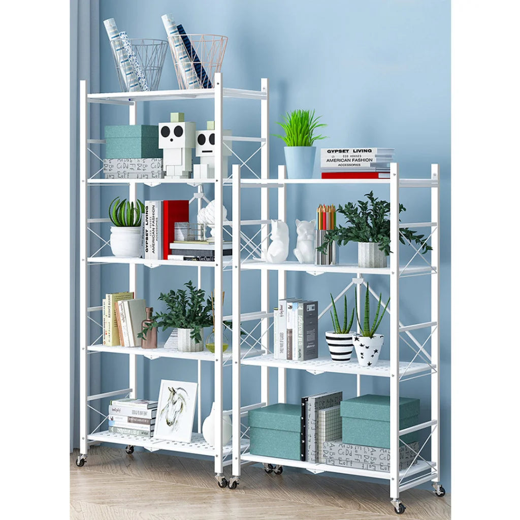 Steel White Foldable Display Stand 4 Tier Multi-Functional Shelves Portable Storage Organizer with Wheels
