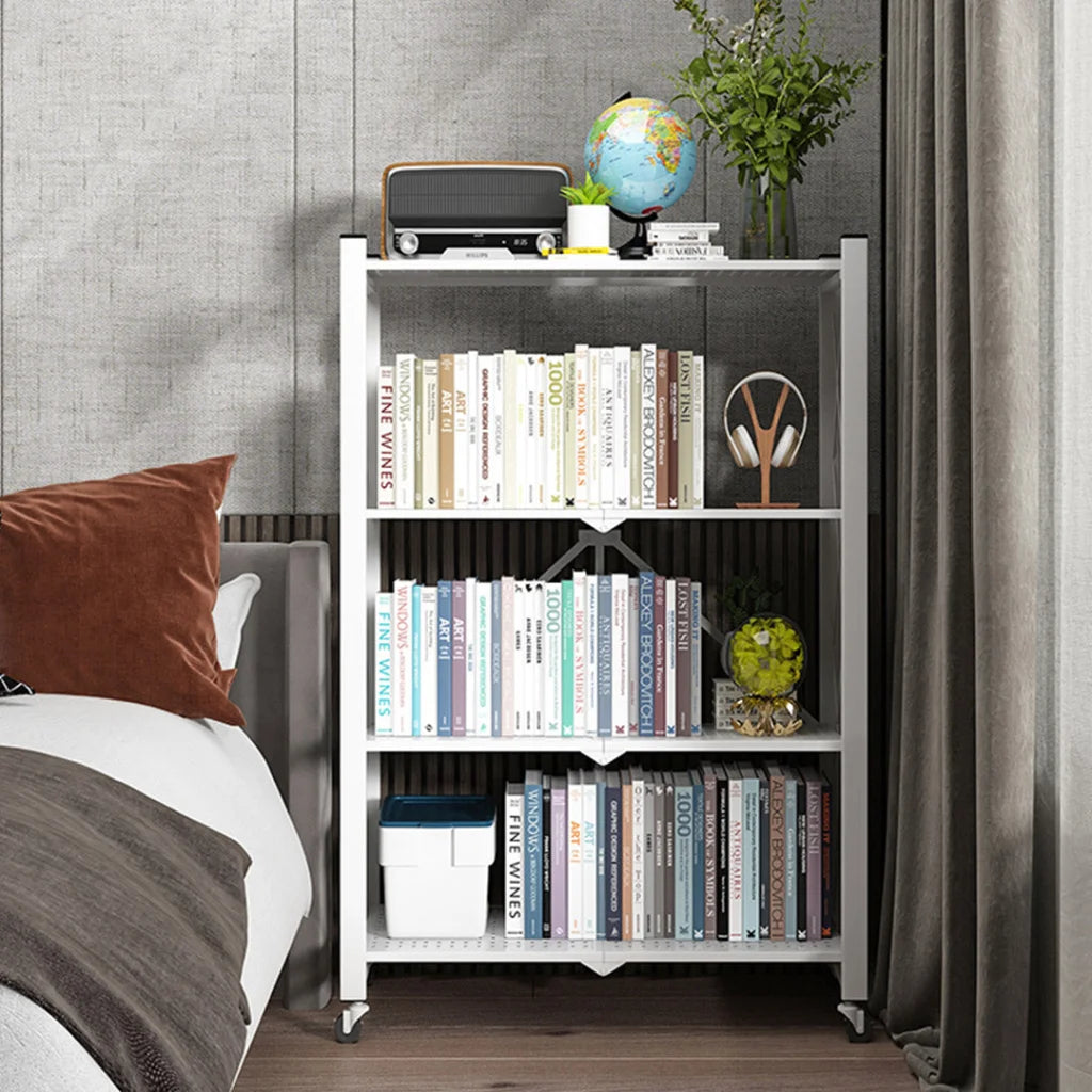 Steel White Foldable Display Stand 4 Tier Multi-Functional Shelves Portable Storage Organizer with Wheels