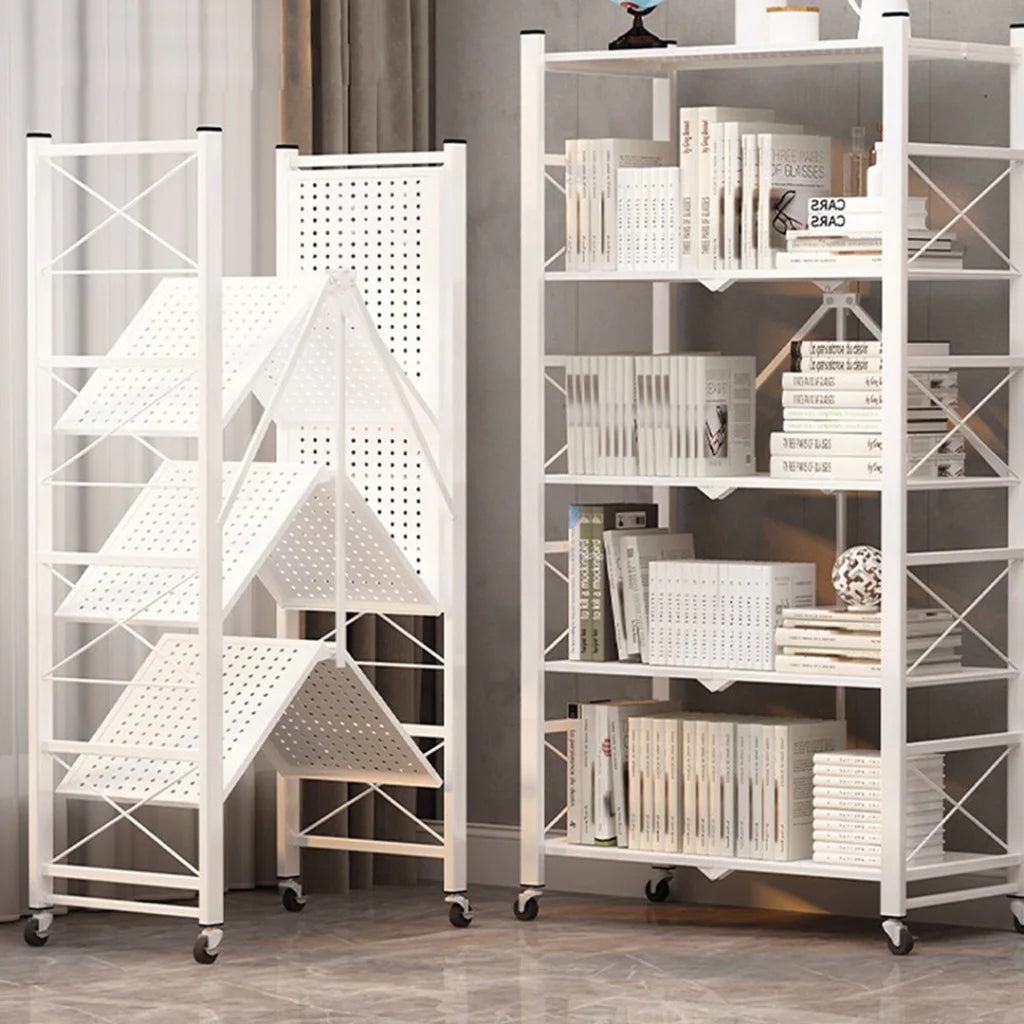 Steel White Foldable Display Stand 4 Tier Multi-Functional Shelves Portable Storage Organizer with Wheels