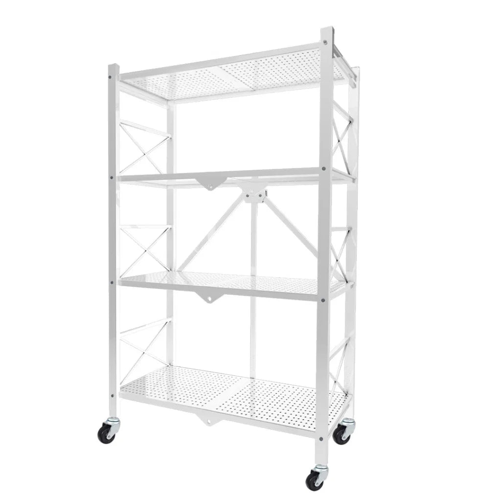 Steel White Foldable Display Stand 4 Tier Multi-Functional Shelves Portable Storage Organizer with Wheels