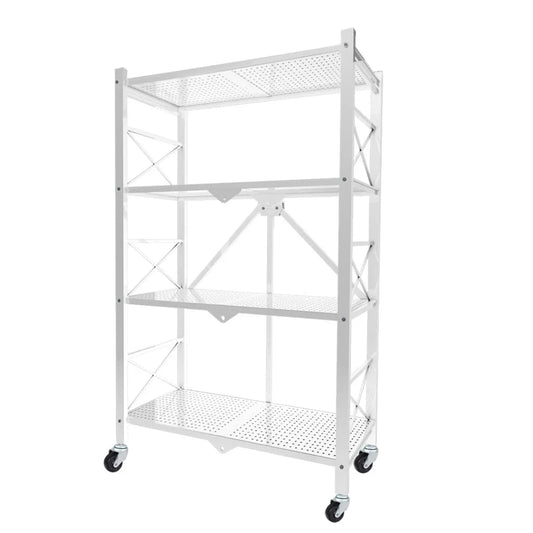 Steel White Foldable Display Stand 4 Tier Multi-Functional Shelves Portable Storage Organizer with Wheels