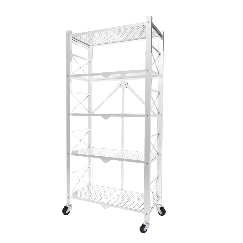 Steel White Foldable Display Stand 5 Tier Multi-Functional Shelves Portable Storage Organizer with Wheels
