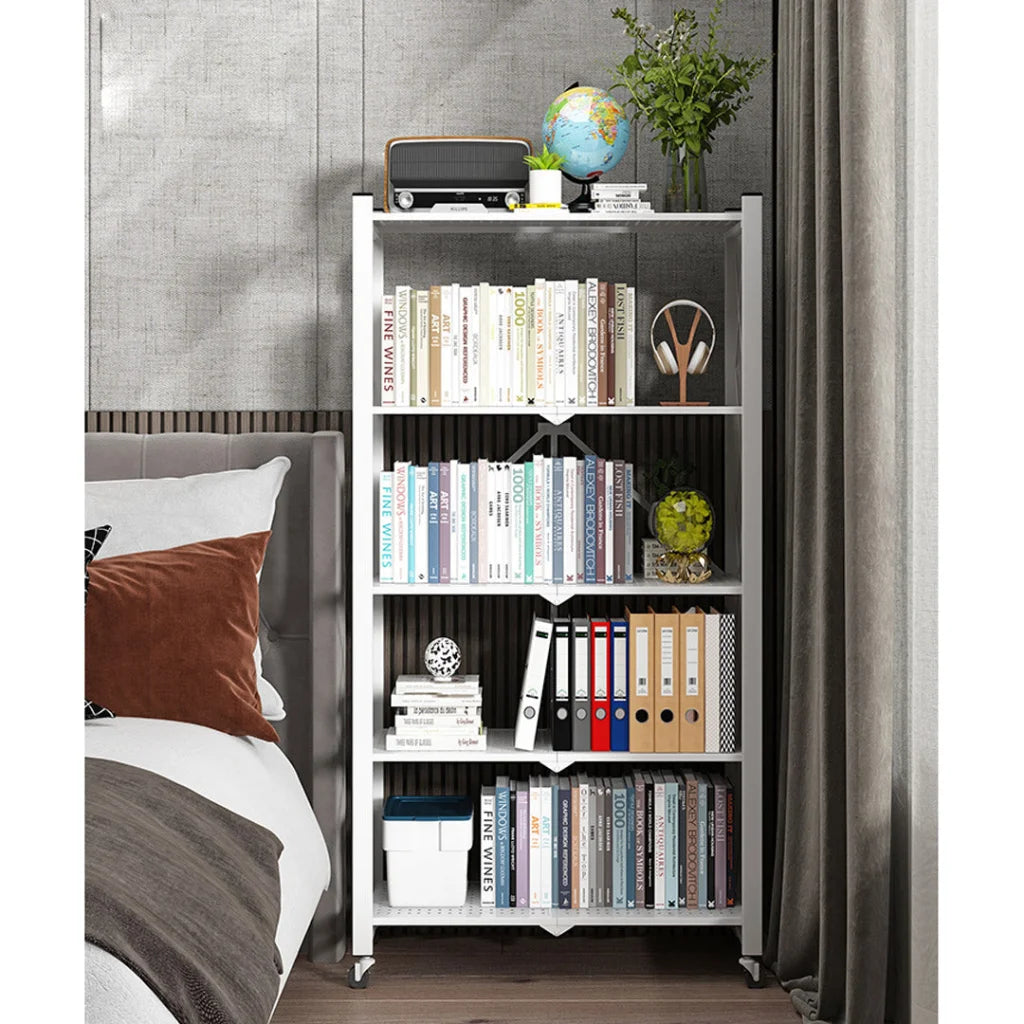 Steel White Foldable Display Stand 5 Tier Multi-Functional Shelves Portable Storage Organizer with Wheels