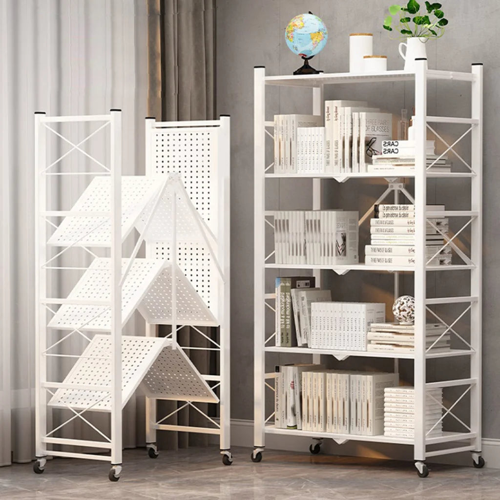 Steel White Foldable Display Stand 5 Tier Multi-Functional Shelves Portable Storage Organizer with Wheels