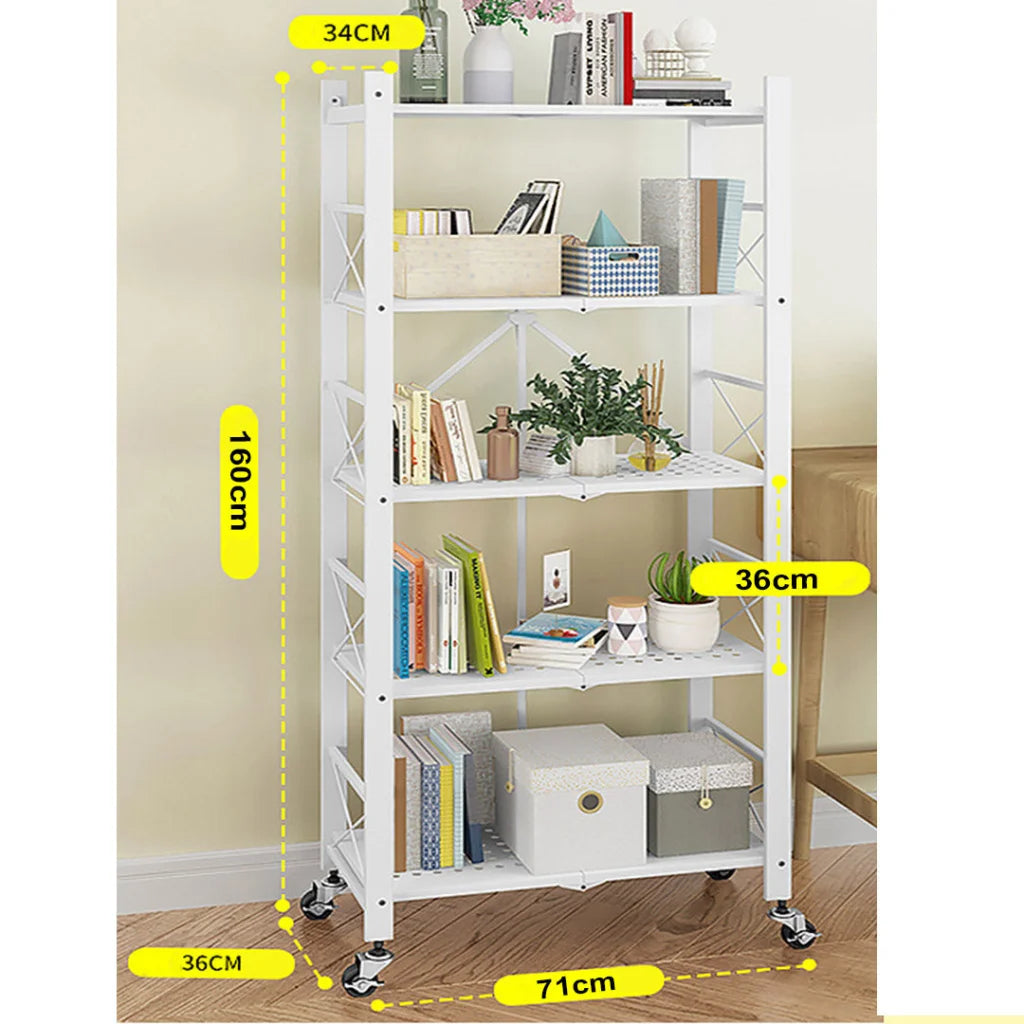 Steel White Foldable Display Stand 5 Tier Multi-Functional Shelves Portable Storage Organizer with Wheels