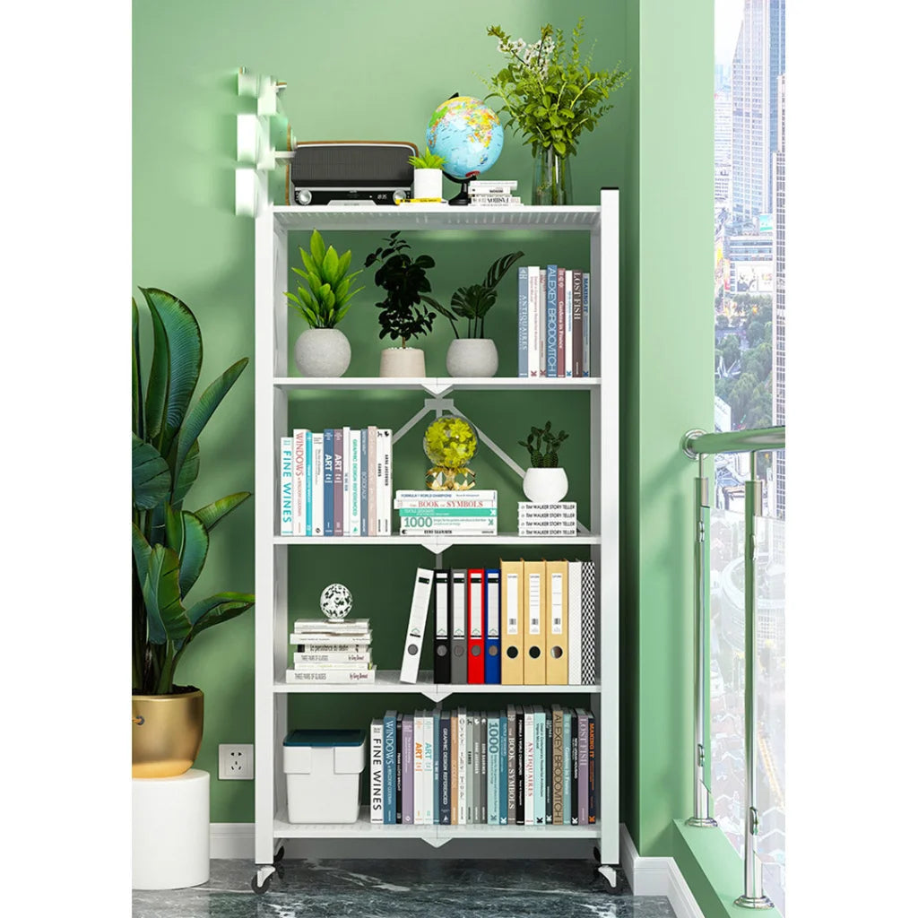 Steel White Foldable Display Stand 5 Tier Multi-Functional Shelves Portable Storage Organizer with Wheels