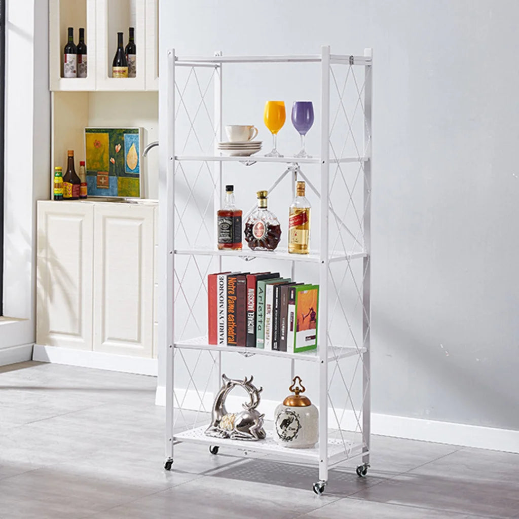 Steel White Foldable Kitchen Cart 2X 5 Tier Multi-Functional Shelves Portable Storage Organizer with Wheels