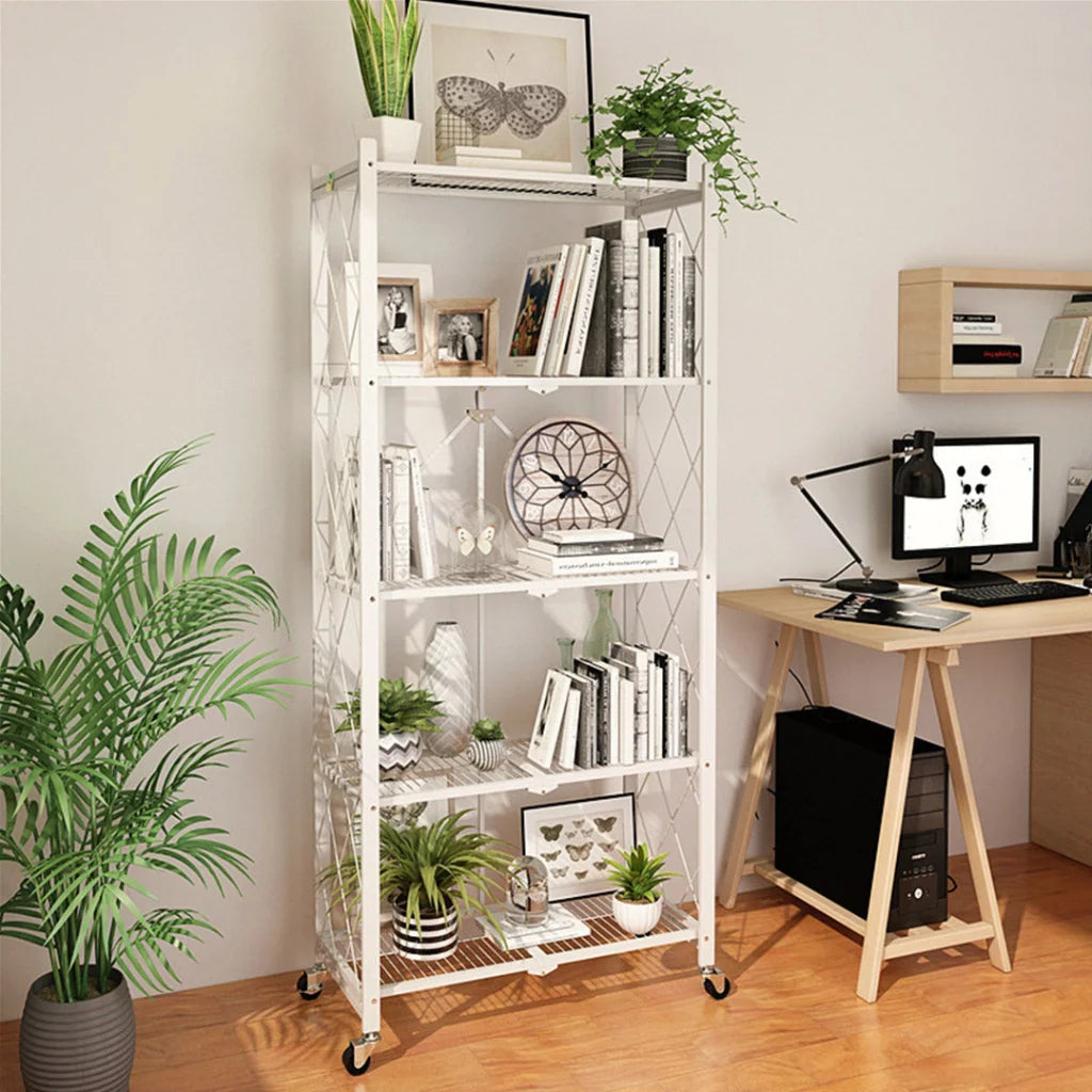Steel White Foldable Kitchen Cart 2X 5 Tier Multi-Functional Shelves Portable Storage Organizer with Wheels