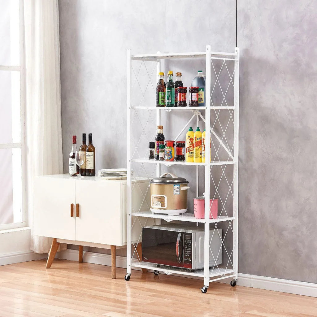 Steel White Foldable Kitchen Cart 2X 5 Tier Multi-Functional Shelves Portable Storage Organizer with Wheels
