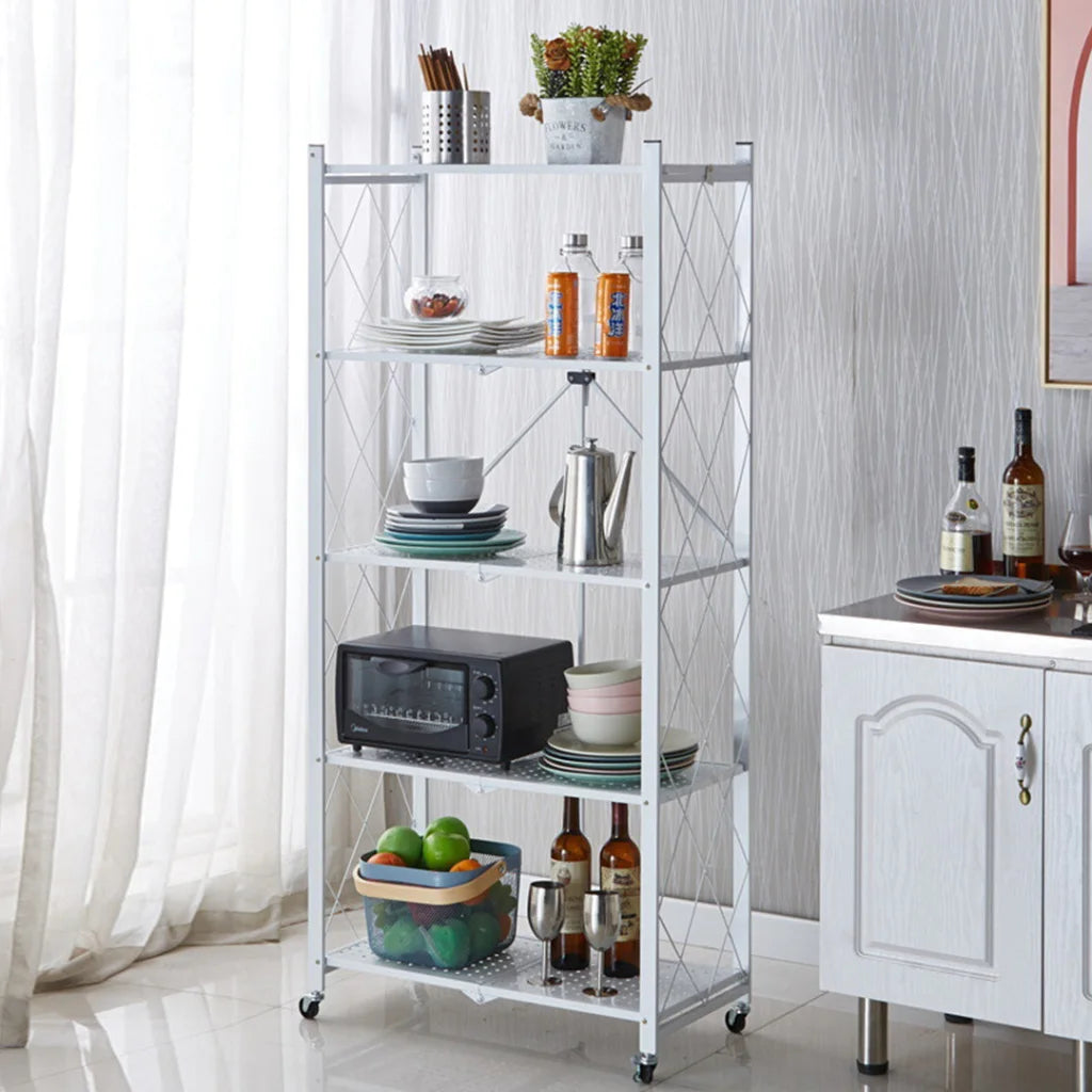 Steel White Foldable Kitchen Cart 2X 5 Tier Multi-Functional Shelves Portable Storage Organizer with Wheels