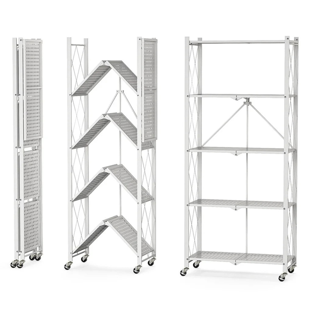 Steel White Foldable Kitchen Cart 2X 5 Tier Multi-Functional Shelves Portable Storage Organizer with Wheels