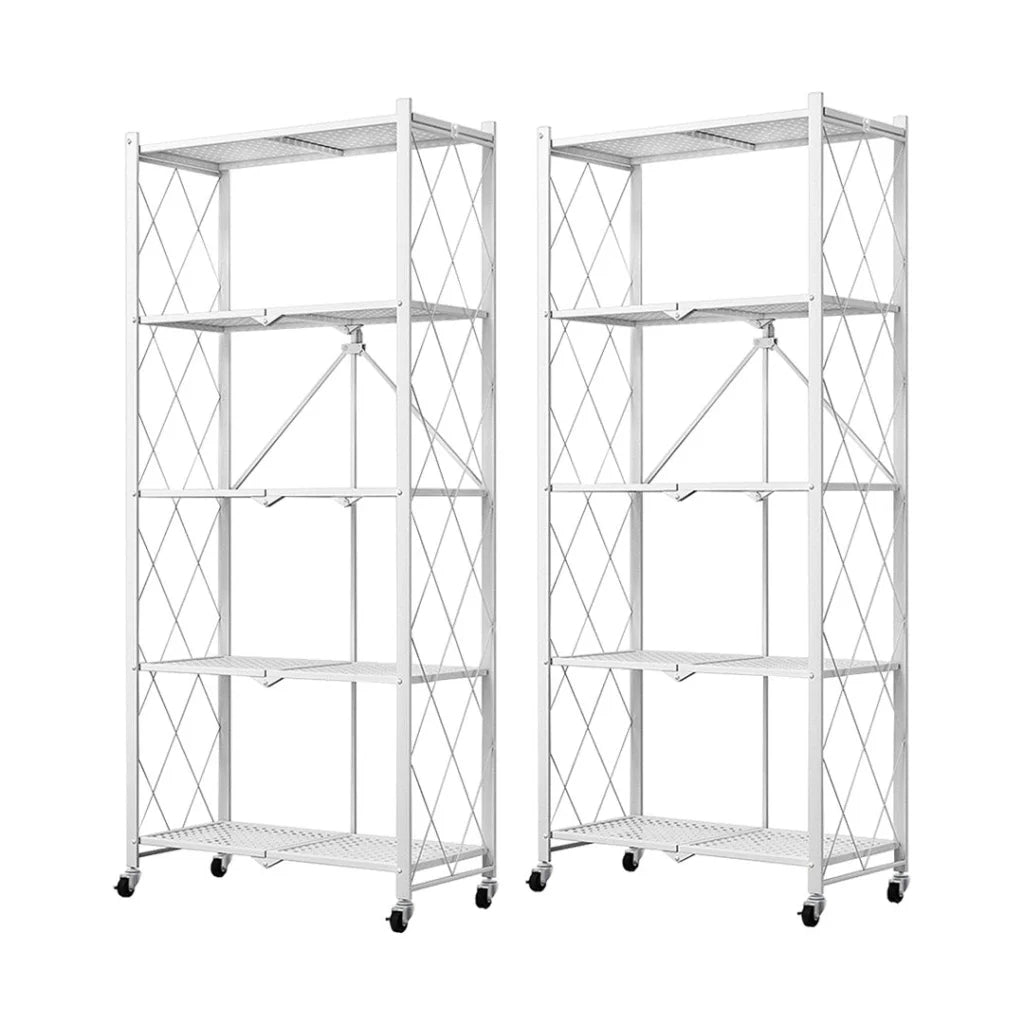 Steel White Foldable Kitchen Cart 2X 5 Tier Multi-Functional Shelves Portable Storage Organizer with Wheels