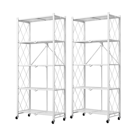 Steel White Foldable Kitchen Cart 2X 5 Tier Multi-Functional Shelves Portable Storage Organizer with Wheels