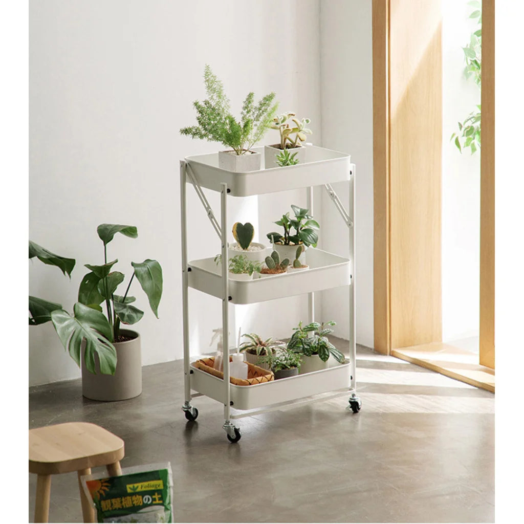 Steel White Foldable Kitchen Cart 3 Tier Multi-Functional Shelves Portable Storage Organizer with Wheels