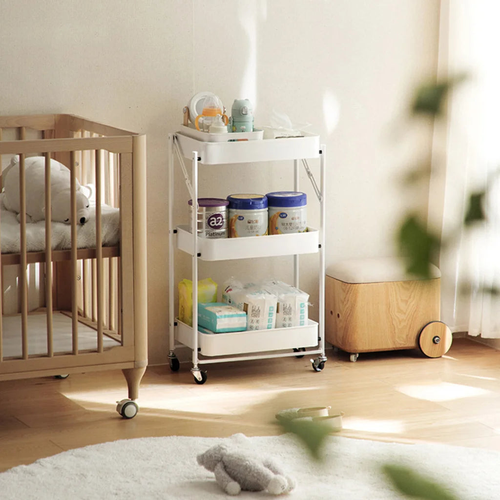 Steel White Foldable Kitchen Cart 3 Tier Multi-Functional Shelves Portable Storage Organizer with Wheels