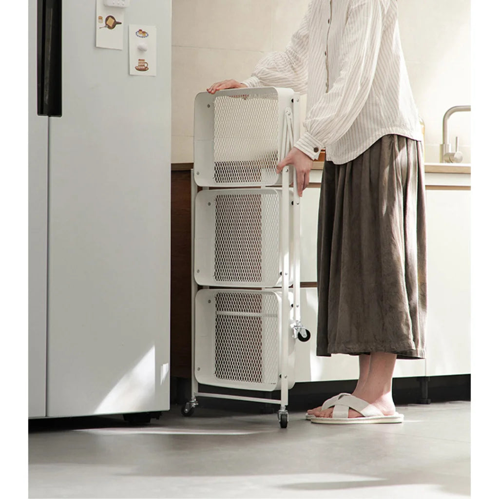Steel White Foldable Kitchen Cart 3 Tier Multi-Functional Shelves Portable Storage Organizer with Wheels
