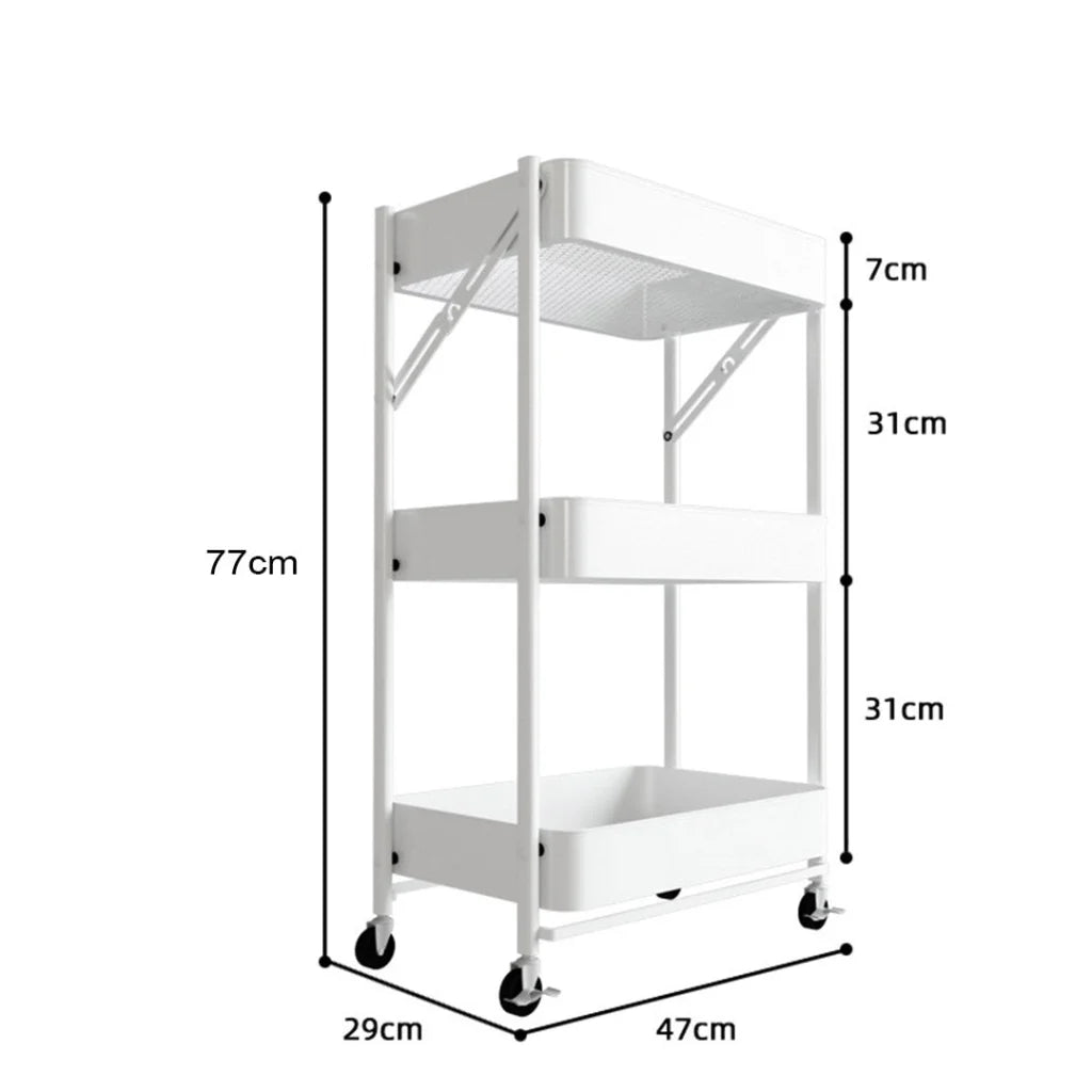 Steel White Foldable Kitchen Cart 3 Tier Multi-Functional Shelves Portable Storage Organizer with Wheels