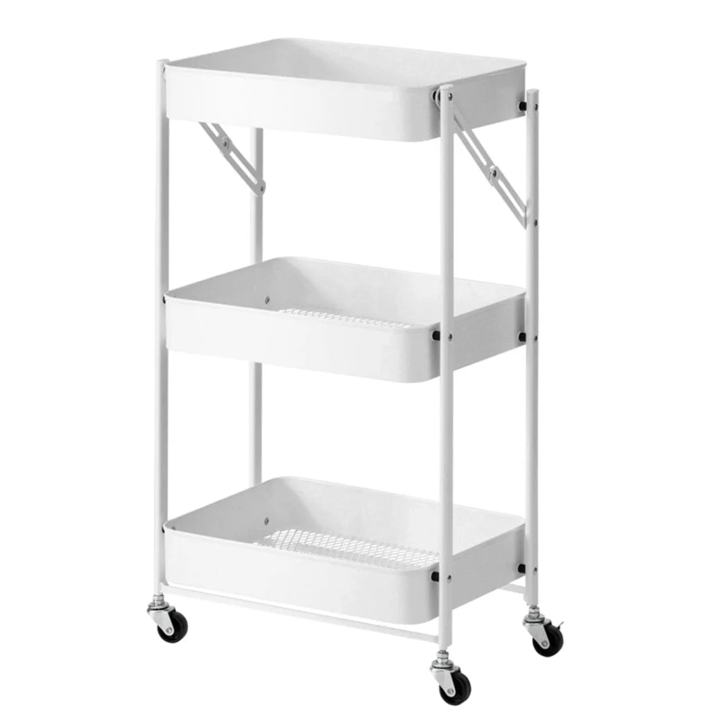 Steel White Foldable Kitchen Cart 3 Tier Multi-Functional Shelves Portable Storage Organizer with Wheels