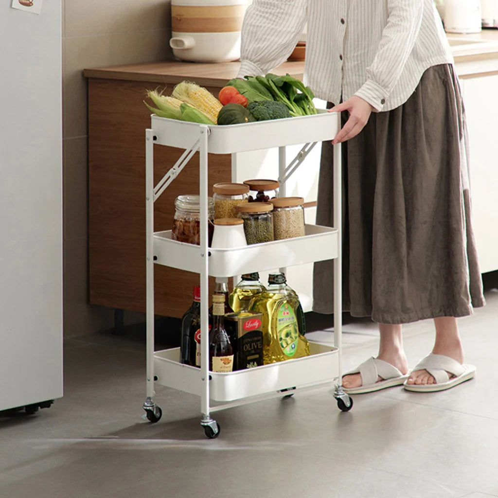Steel White Foldable Kitchen Cart 3 Tier Multi-Functional Shelves Portable Storage Organizer with Wheels